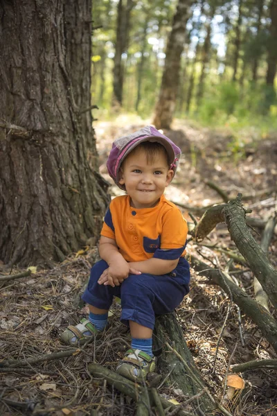 Roztomilý Usměvavý Chlapec Klobouk Podzimním Lese Sedí Poblíž Houby — Stock fotografie
