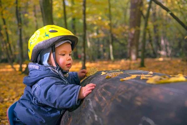 Schattig Lachend Jongetje Met Veiligheidshelm Het Najaarspark — Stockfoto