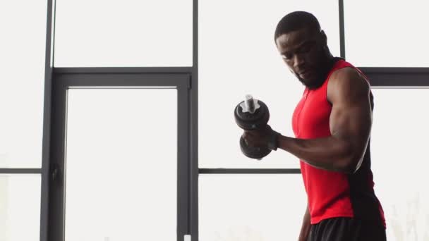 Afro Americano Desportista Com Halteres Exercitando Ginásio Câmera Lenta — Vídeo de Stock