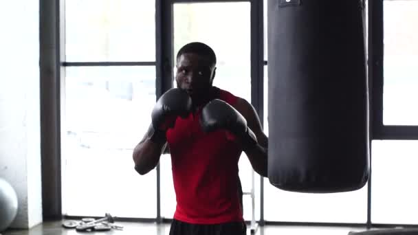 Young African American Boxer Training Gym Slow Motion — Stock Video
