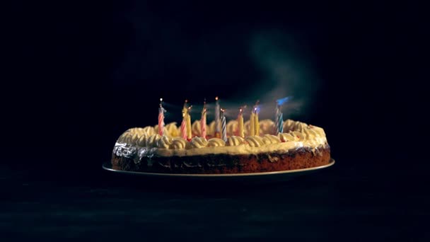 Studio Shoot Burning Candles Blowing Out Birthday Cake Black Background — Stock Video