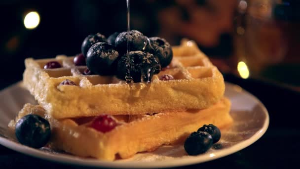 Selective Focus Viscous Honey Dripping Belgian Waffles Blueberries — Stock Video