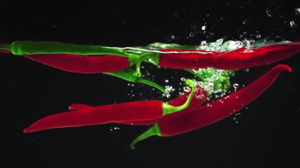 Estúdio Filmagem Pimentas Verdes Vermelhas Coloridas Caindo Com Respingo Água — Vídeo de Stock