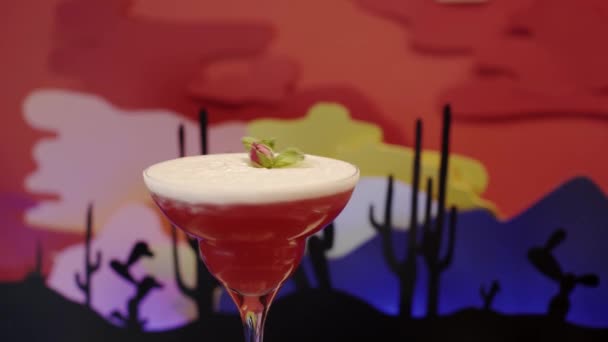 Gros Plan Cocktail Daikiri Rouge Avec Décoration Rotative Avec Cactus — Video