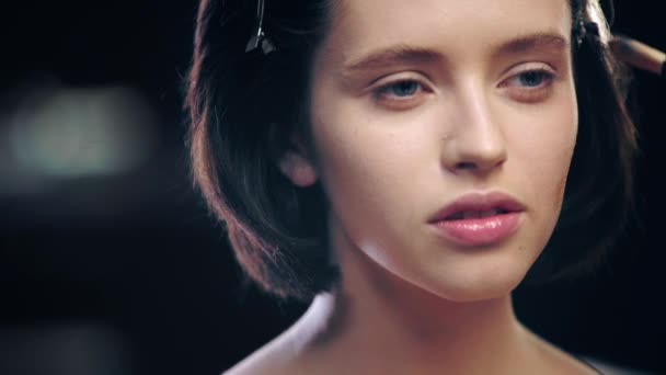 化粧品ブラシでモデルの顔に輪郭を描くメイクアップアーティストのトリミングビュー — ストック動画