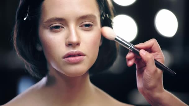 Vista Recortada Artista Maquiagem Aplicando Rouge Rosto Modelo — Vídeo de Stock