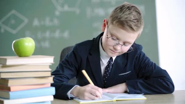 Triste Colegial Gafas Escribir Cuaderno Cerca Libros Manzana Mientras Que — Vídeo de stock