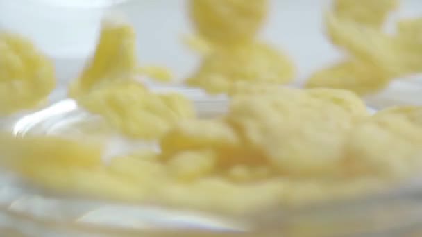 Selective Focus Tasty Sweet Cornflakes Falling Glass Bowl — Stock Video