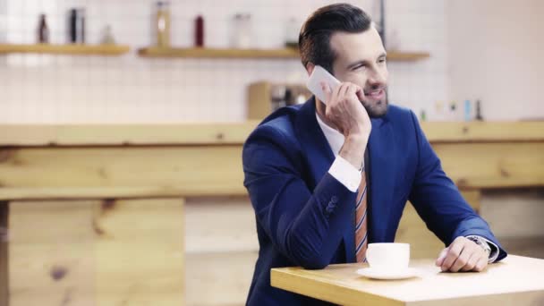 Yakışıklı Gülümseyen Işadamı Takım Elbiseli Akıllı Telefon Konuşuyor Kafede Izlemek — Stok video