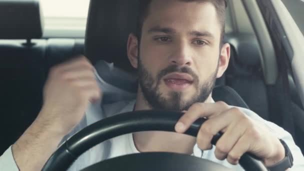 Selective Focus Sweaty Man Touching Shirt While Sitting Car Holding — Stock Video