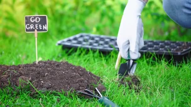 Partial View Gardener Using Shovel While Working Garden — Stock Video