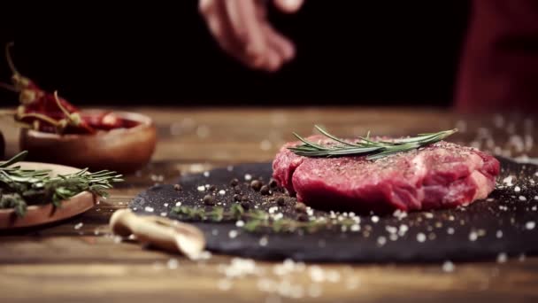 Cropped View Man Taking Plate Raw Meat Steak Decorated Spices — Stock Video