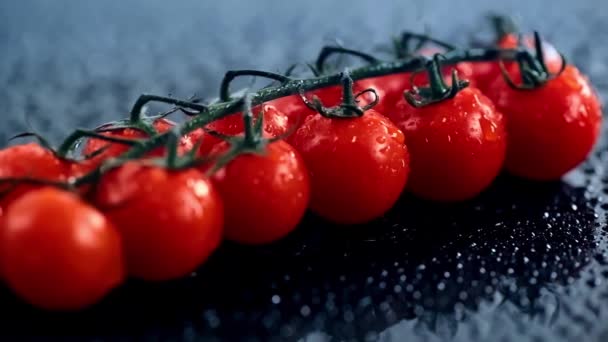 Świeże Pomidory Wiśniowe Gałęzi Wodą Posypką — Wideo stockowe