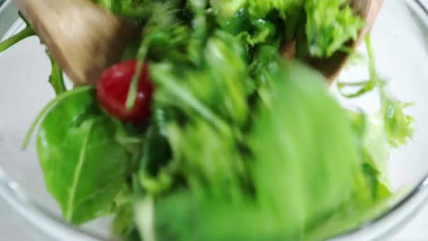 Cropped View Woman Mixing Vegetable Salad Wooden Spatulas — Stock Video