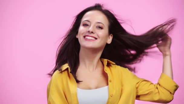 Mouvement Lent Air Soufflant Dans Les Cheveux Belle Fille Secouant — Video