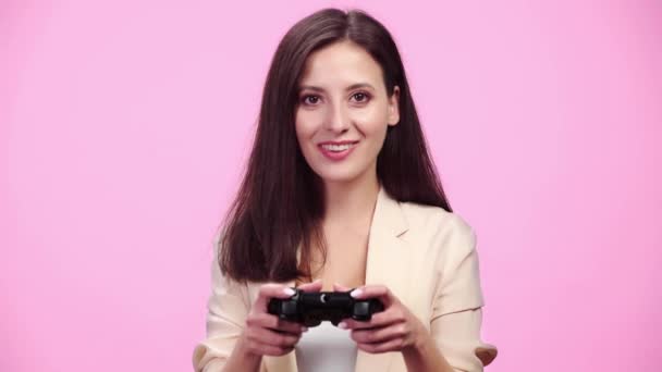 Kyiv Ukraine Abril 2019 Menina Uso Formal Jogando Videogame Com — Vídeo de Stock