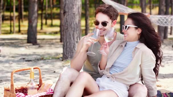 Alegre Joven Pareja Descansando Playa Tintineo Vasos Vino Blanco — Vídeos de Stock