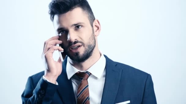 Bearded Man Suit Talking Smartphone White — Stock Video