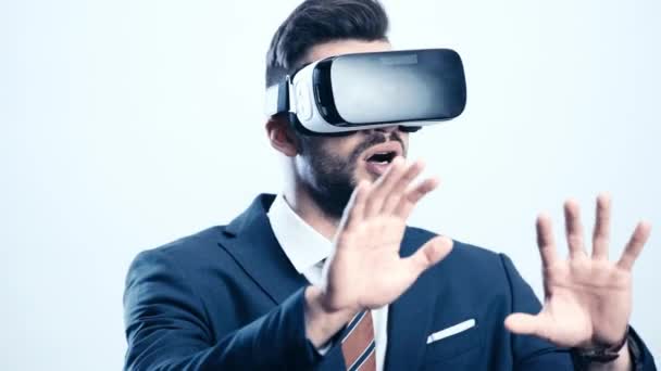 Businessman Virtual Reality Headset Gesturing White — Stock Video