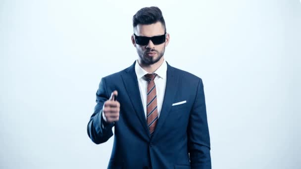 Man Suit Sunglasses Holding Pen White — Stock Video