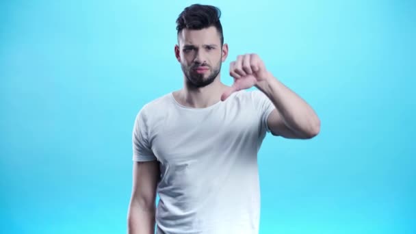 Dissatisfied Man Showing Thumb Blue — Stock Video