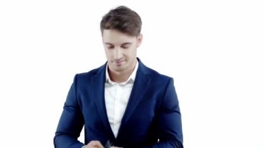 başarılı işadamı beyaz izole para gösteren