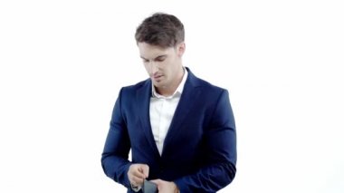 başarılı işadamı beyaz izole cüzdan para alarak