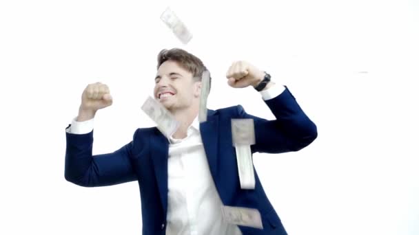 Slow Motion Van Gelukkige Zakenman Onder Geld Regen Geïsoleerd Wit — Stockvideo