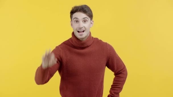 Happy Man Sweater Showing Okay Sign Isolated Yellow — Stock Video