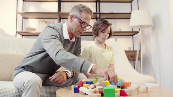 Grandfather Grandson Playing Building Blocks Together Living Room — Stock Video