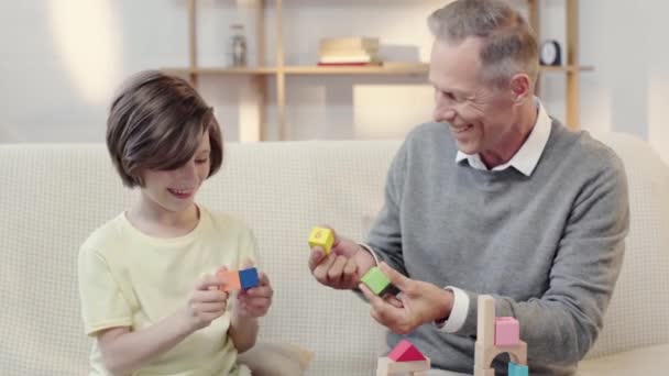 Abuelo Nieto Riendo Mientras Colocan Bloques Construcción Los Ojos — Vídeo de stock