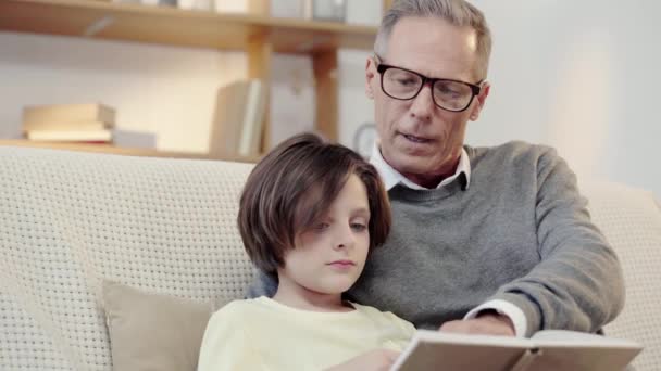 Παππούς Γυαλιά Και Εγγονός Διαβάζοντας Βιβλίο Στο Σαλόνι — Αρχείο Βίντεο
