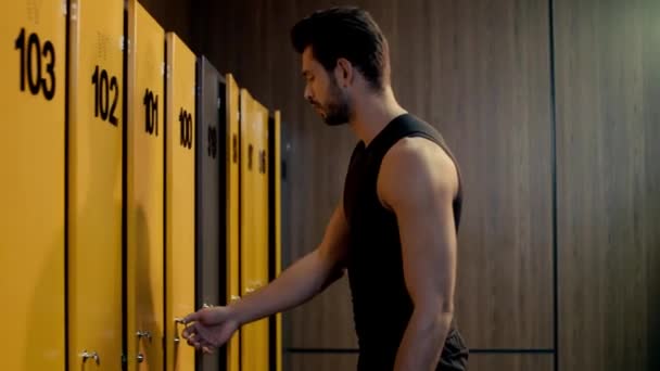 Bearded Sportsman Taking Towel Locker Room — Stock Video