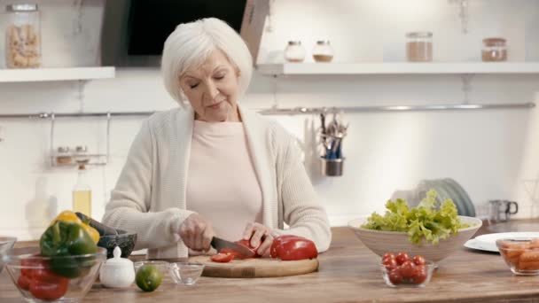 Smiling Woman Cutting Bell Pepper — Stock Video
