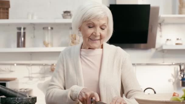 Sorrindo Mulher Cortando Pimentão — Vídeo de Stock