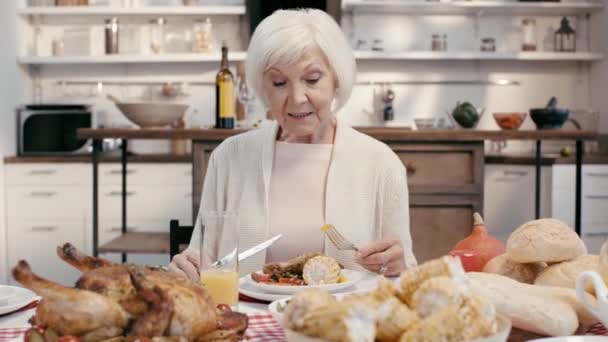 Woman Talking Eating Thanksgiving — Stock Video