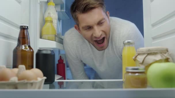 Thirsty Man Looking Refrigerator Taking Beer Closing Door — Stock Video