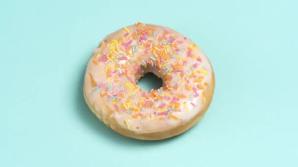 Stop Motion Animation Tasty Doughnut Sprinkles Eating Blue — Stock Video