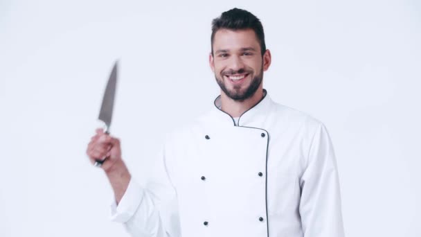 Usmívající Kuchař Uniformě Nožem Izolovaným Bílém — Stock video