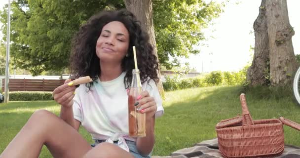 Lächelnde Afroamerikanerin Isst Beim Picknick Pizza Und Trinkt Limonade — Stockvideo