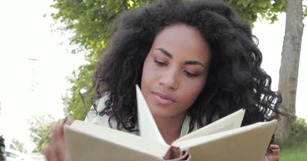 在公园看书的非洲裔美国女人笑着 — 图库视频影像