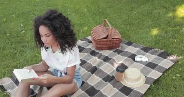 ショックを受けたアフリカ系アメリカ人女性読書本でピクニック中に公園でプレイ — ストック動画