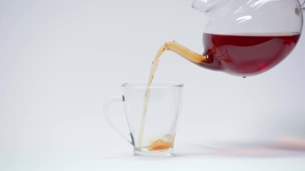 Pouring Black Tea Teapot Cup White — Stock Video