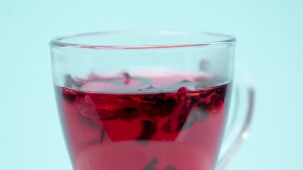 Kopje Hibiscus Thee Ronddraaiend Geïsoleerd Blauw — Stockvideo