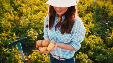 Şapkalı bir kadının elinde taze patatesle yüksek açılı görüntüsü. 