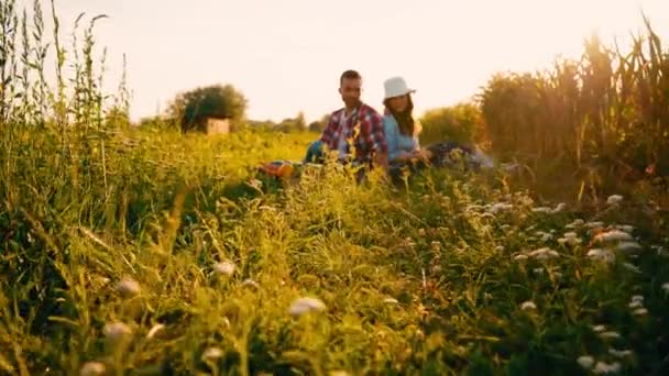 Селективное Фокусирование Растений Поле Рядом Парой Фермеров Сидящих Траве — стоковое видео