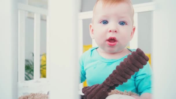 赤ちゃんのベビーベッドに柔らかいおもちゃで座っている幼児の選択的な焦点 — ストック動画
