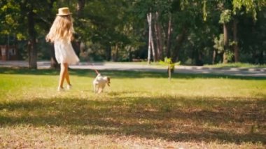 Jack Russell Terrier 'la yürürken giysili bir kızın ağır çekimi.