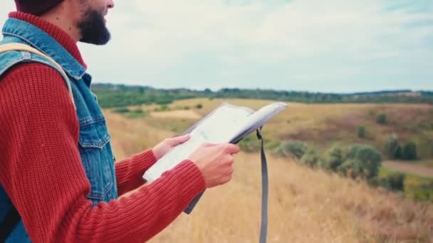 Side View Tourist Holding Map Looking Autumn Landscape — Stock Video