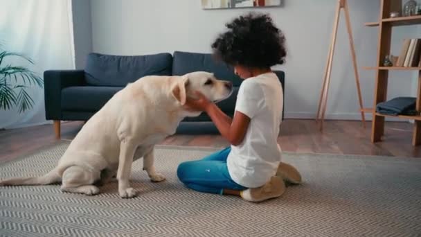 Zijaanzicht Van Afrikaans Amerikaans Meisje Strelen Labrador Terwijl Zitten Tapijt — Stockvideo